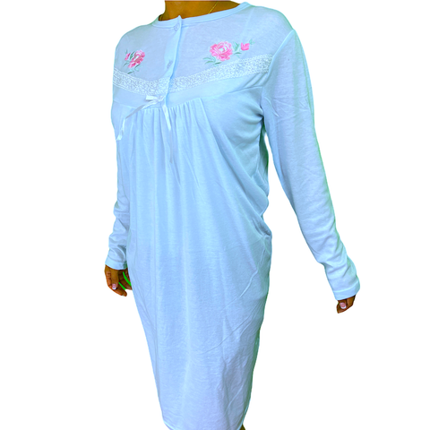 Premium Women's Blue Cotton Long Sleeve Lace Nightie Size 16