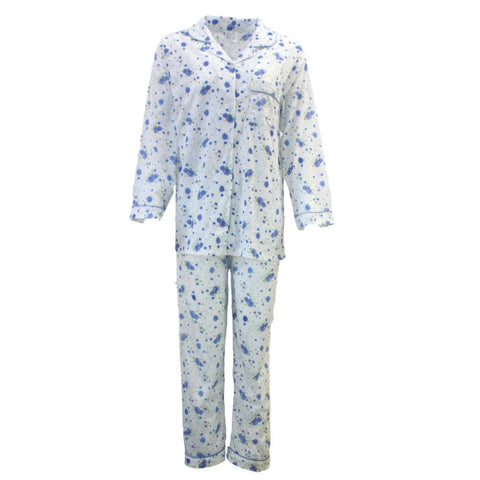 Premium Women's Blue Floral 100% Cotton Button Up Pyjama Set Size 12