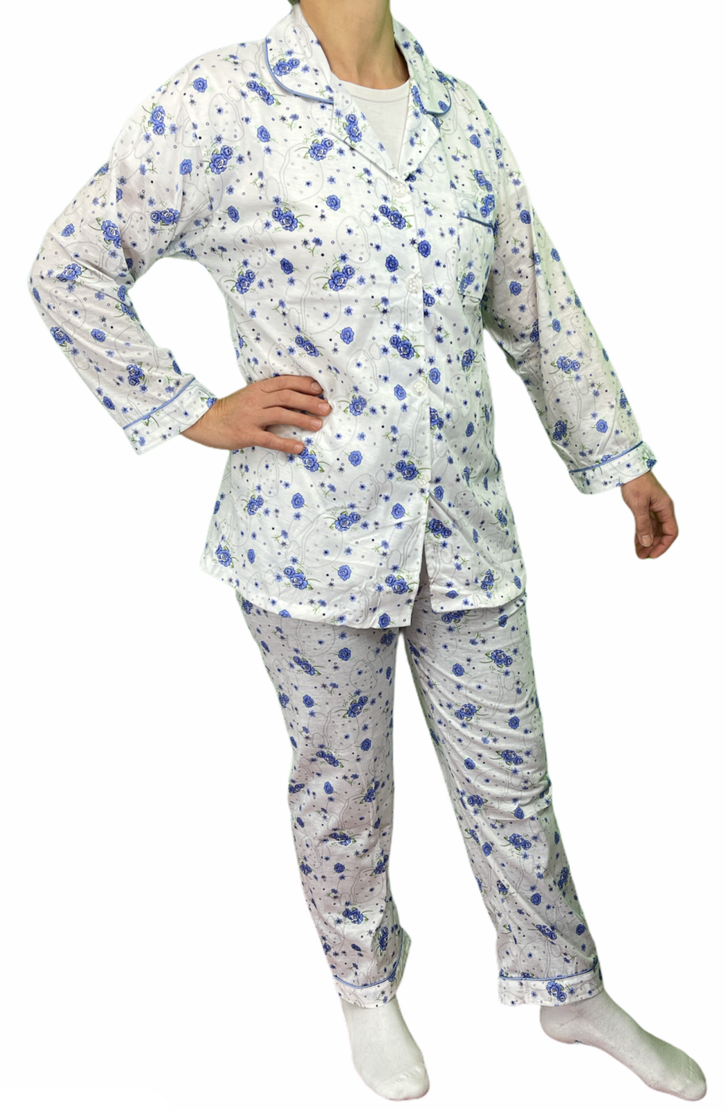 Premium Women's Blue Floral 100% Cotton Button Up Pyjama Set Size 22