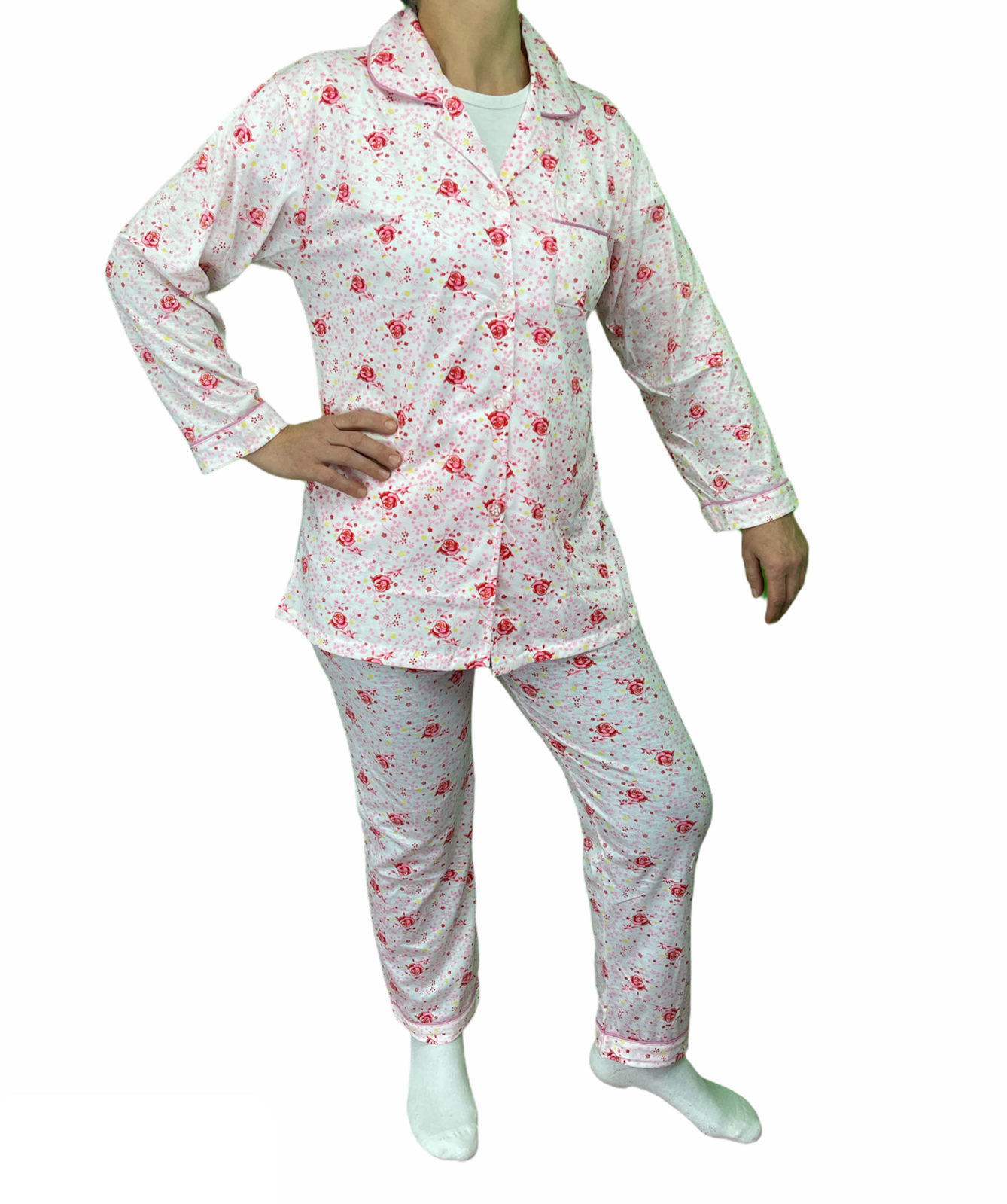 Premium Women's Pink Floral 100% Cotton Button Up Pyjama Set Size 16