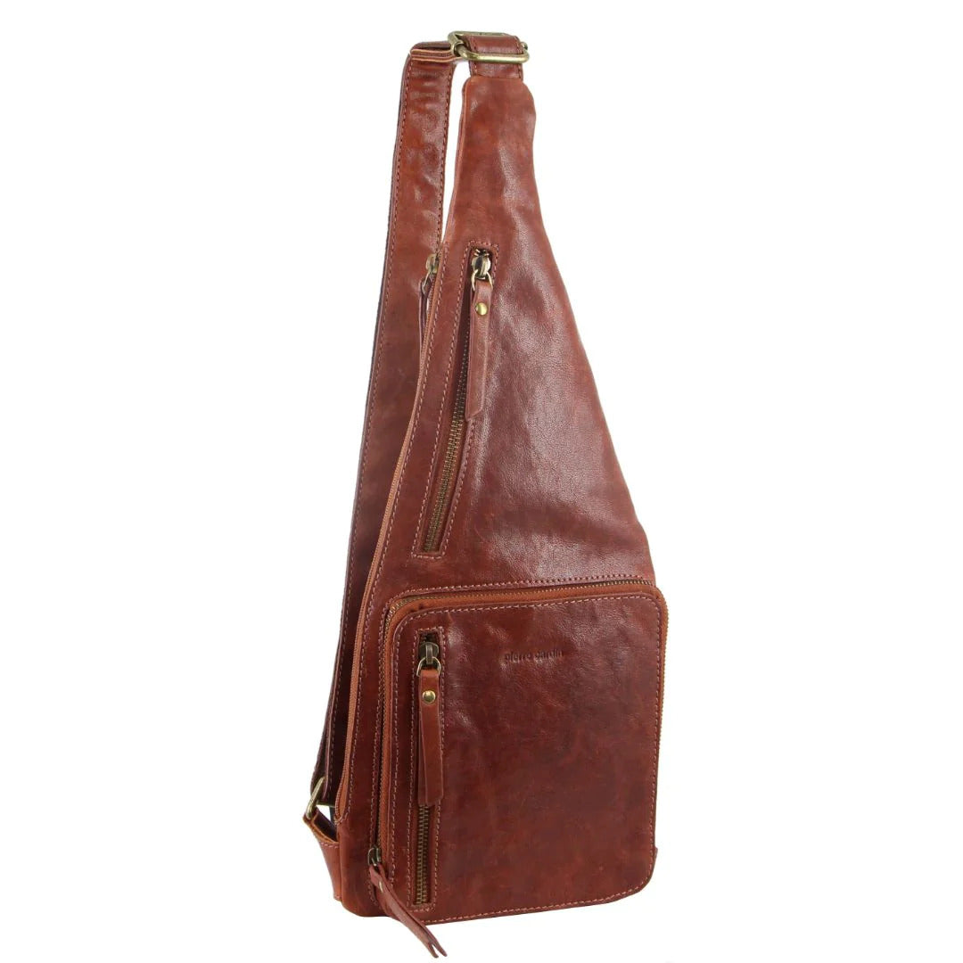 Pierre Cardin Men's Rustic Leather Sling Bag - Chestnut