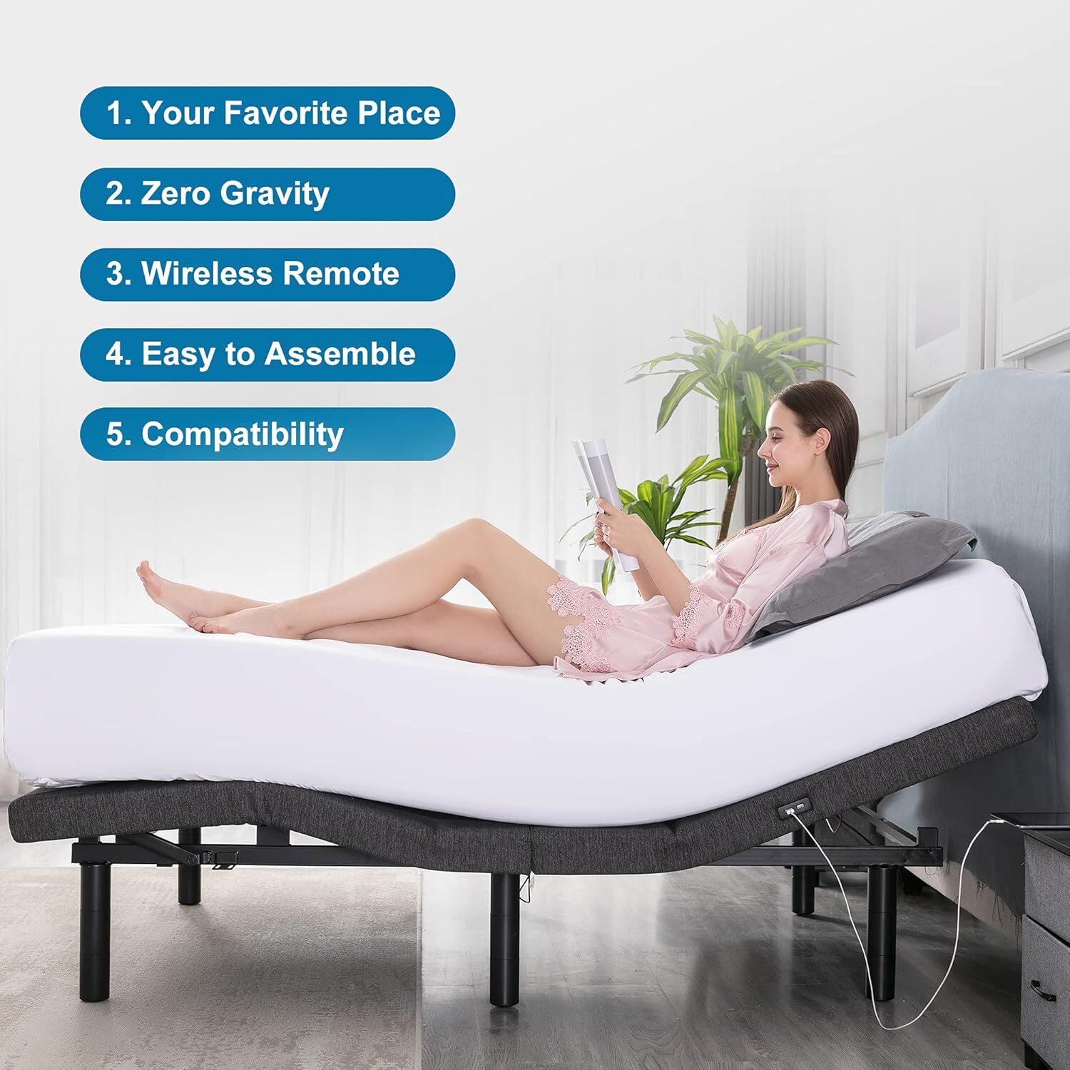S*MAX Queen Adjustable Zero Gravity Bed Frame Grey with Dual Motors USB Ports