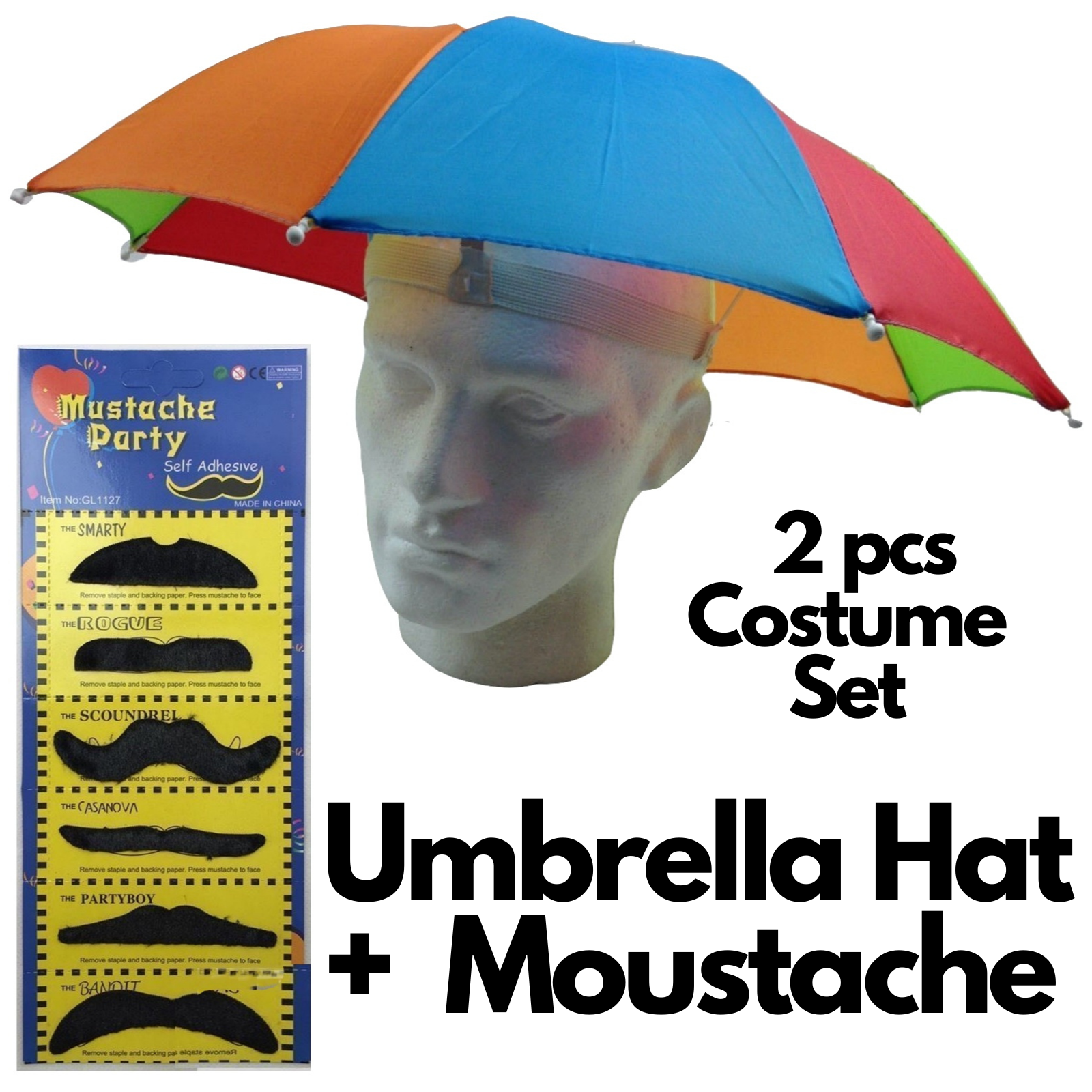 2-pc-Set Rainbow Umbrella Hat + 70s Fake Moustache Costume Props Novelty Fancy - SuperSaverAU - view 1