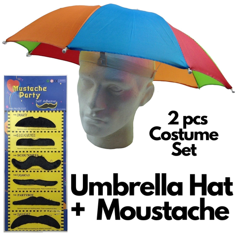 2-pc-Set Rainbow Umbrella Hat + 70s Fake Moustache Costume Props Novelty Fancy - SuperSaverAU - view 1