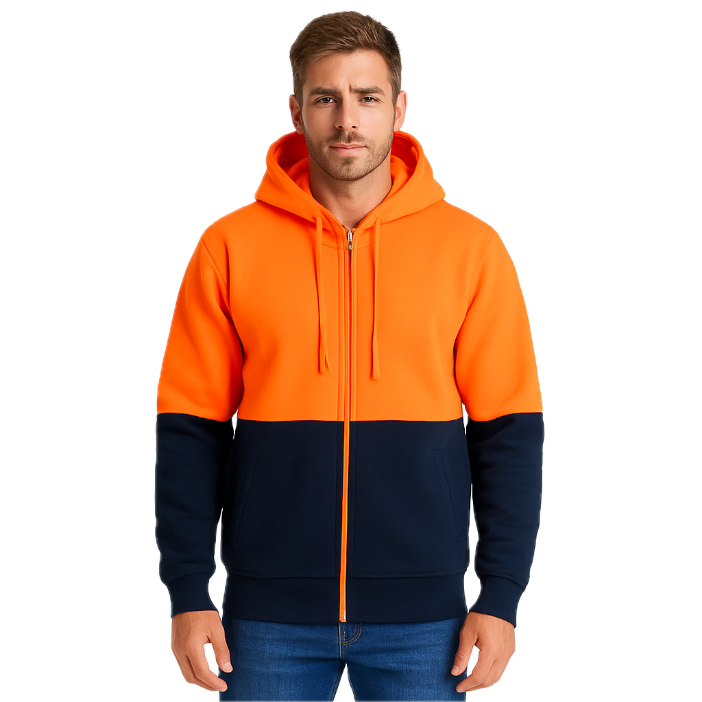 Premium Impel Orange Navy Hi Vis Full Zip Fleecy Safety Hoodie 2XL