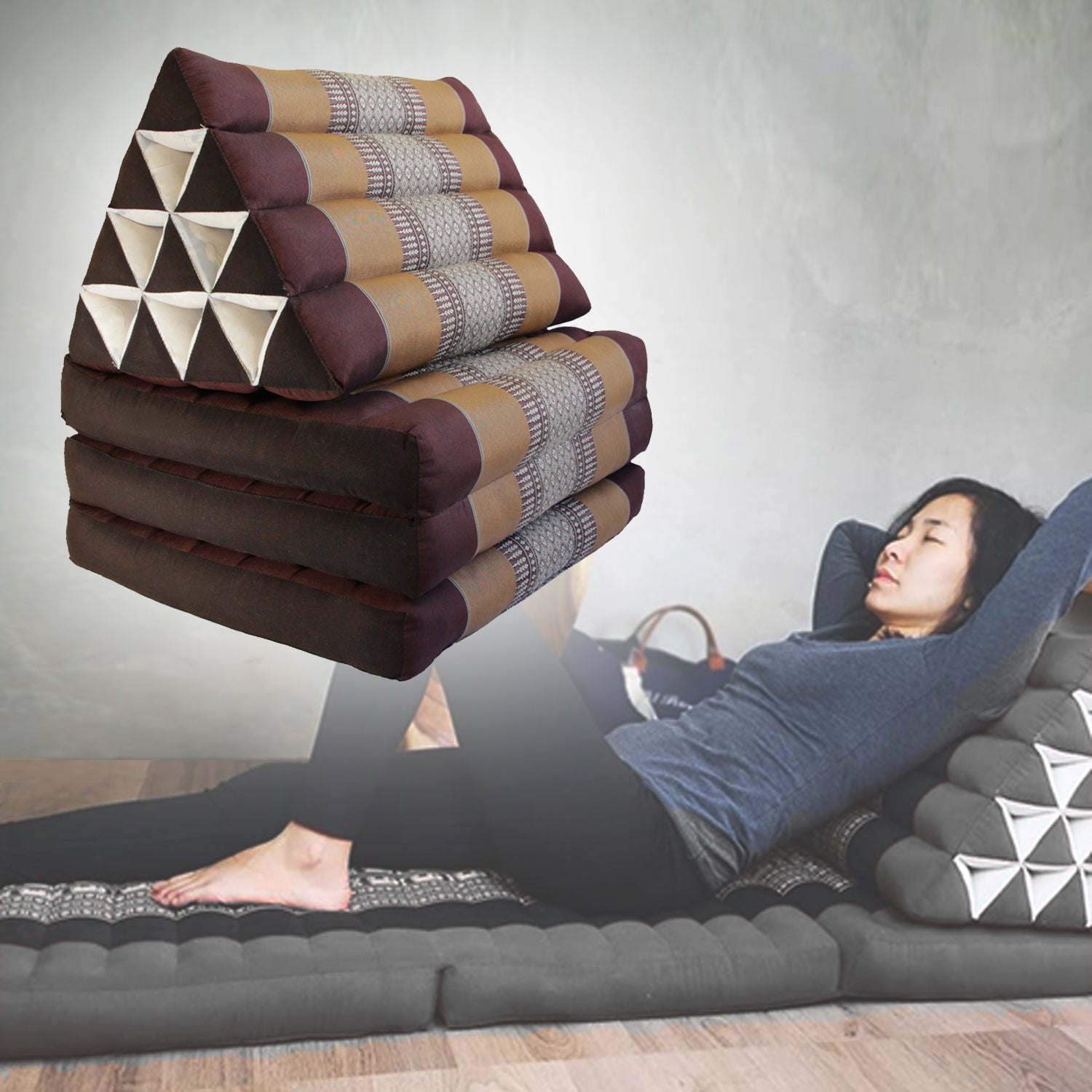 Large Thai Triangle Pillow THREE FOLDS Brown - 100% Handmade Cotton, Organic Kapok, 160cm x 50cm - SuperSaverAU - view 1