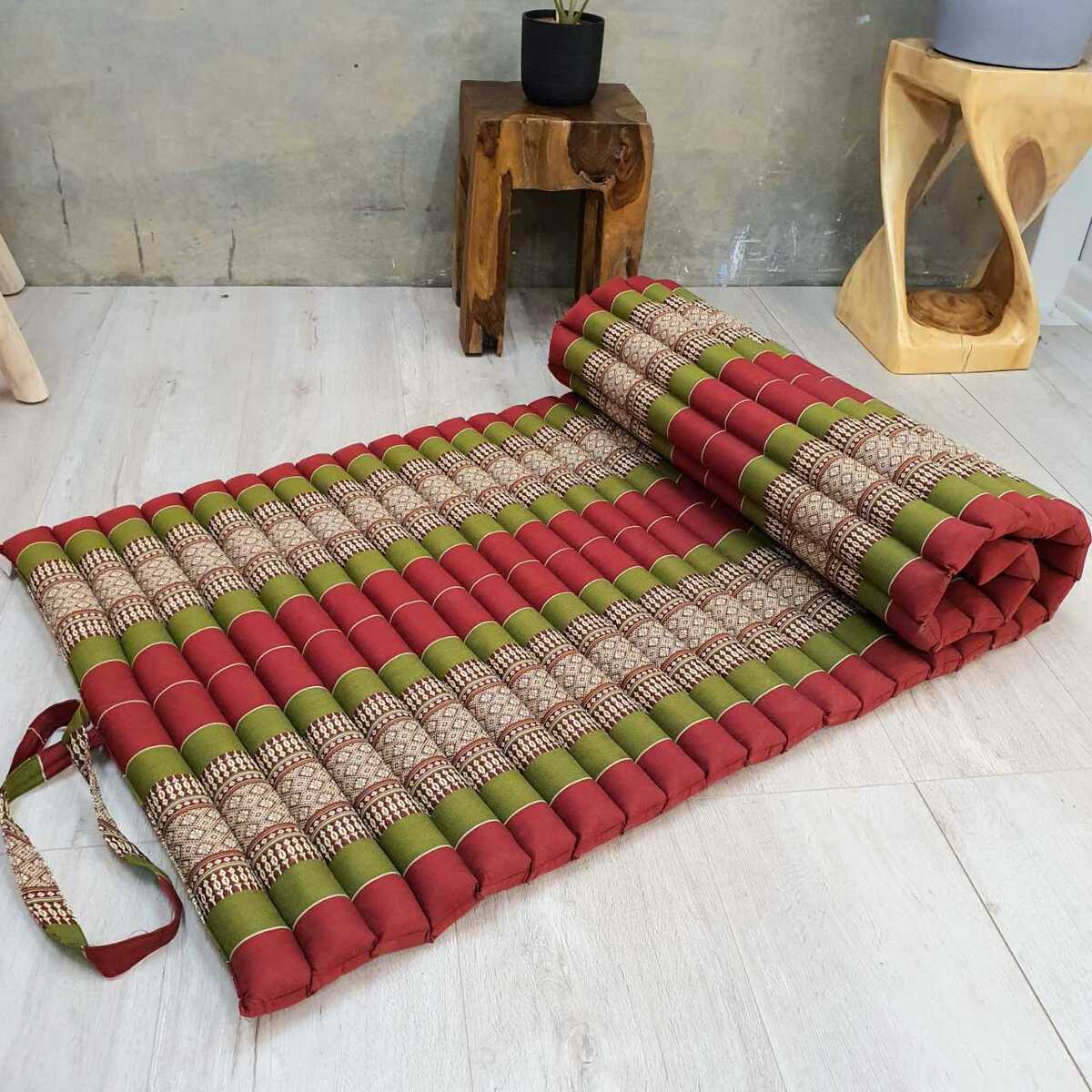 Thai Kapok Roll Up Mattress Foldout Mat Red & Green, 180cm x 77cm, Handmade - SuperSaverAU - view 1