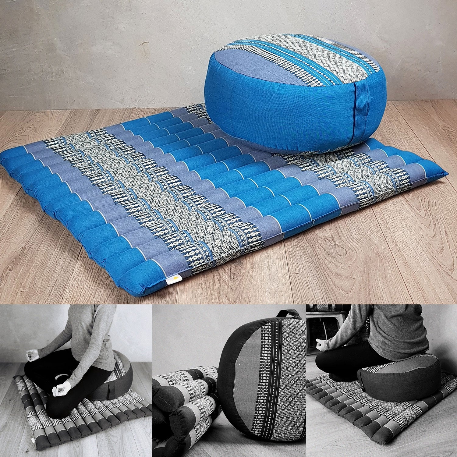 Thai Zafu & Zabuton Meditation Cushion Set Blue with 100% Organic Kapok Filling - SuperSaverAU - view 1