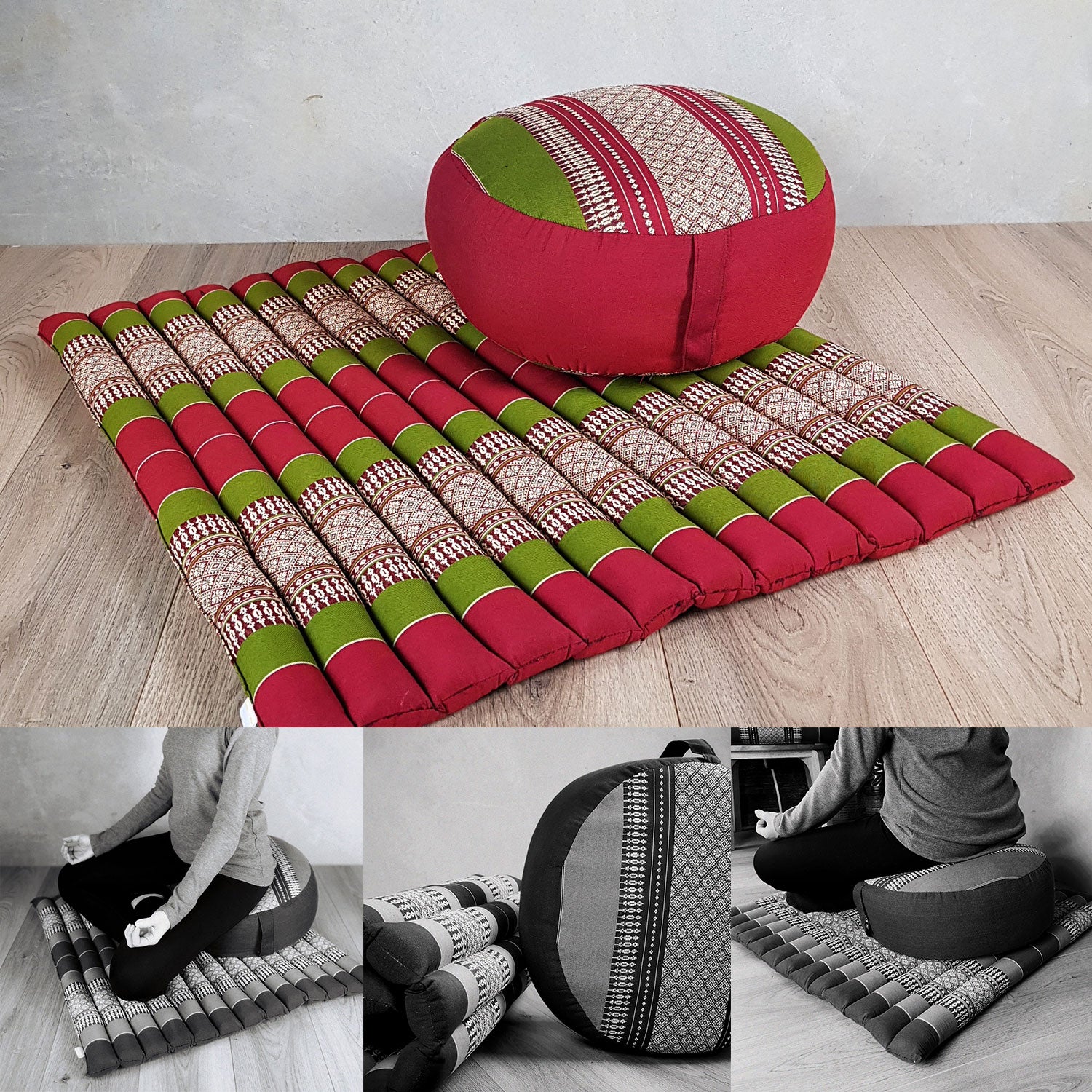 Thai Zafu & Zabuton Meditation Cushion Set Red & Green with 100% Organic Kapok - SuperSaverAU - view 1