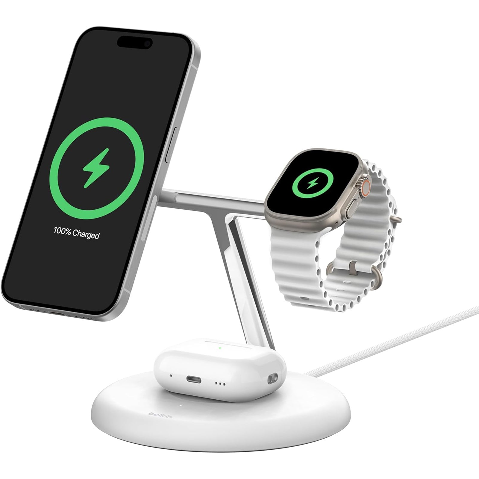 Belkin BoostCharge PRO 3-in-1 Qi2 15W Wireless Charger Stand MagSafe 2024 Model - White - SuperSaverAU - view 5