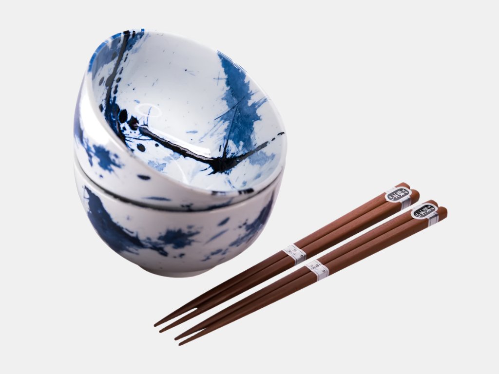 Premium Ceramic Bowl Set with Chopsticks – Blue White Splash 400ml, 2 Piece