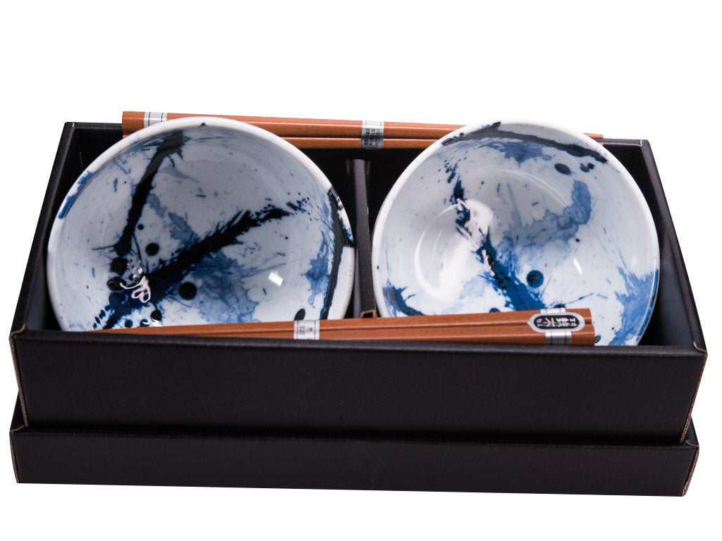 Premium Ceramic Bowl Set with Chopsticks – Blue White Splash 400ml, 2 Piece