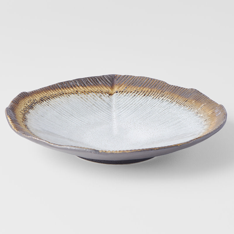 Premium Shallow Leaf Ceramic Bowl – Akane Grey Glaze 25cm