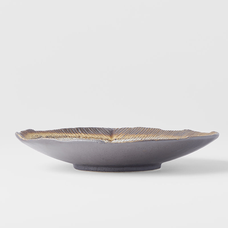 Premium Shallow Leaf Ceramic Bowl – Akane Grey Glaze 25cm