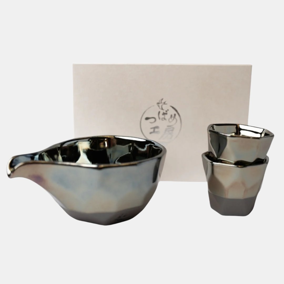 Premium Sake Set – Black Faceted Ink Glaze 7.5cm
