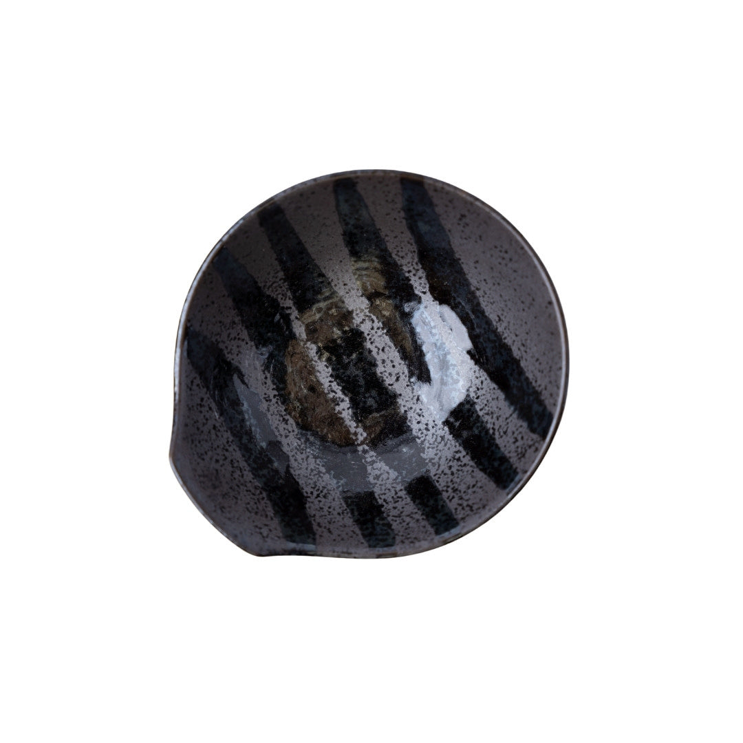 Premium Ceramic Bowl with Handle – Black Stripes on Gunmetal Glaze 13cm