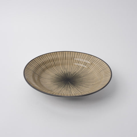 Premium Shallow Flat-Based Bowl – Light Brown Green Converging Line Glaze 20cm