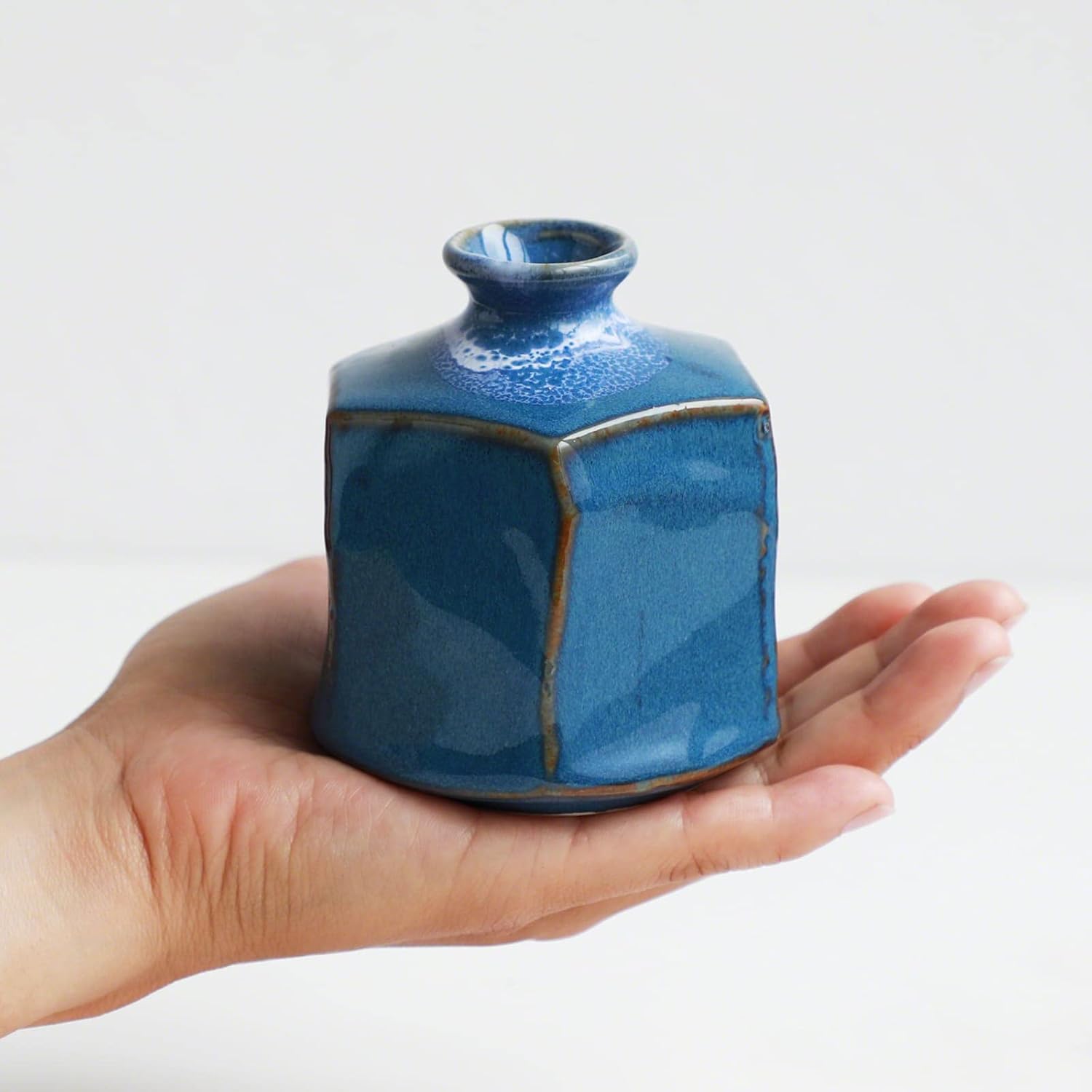 Premium 9cm Blue Hexagon Small Ceramic Vase