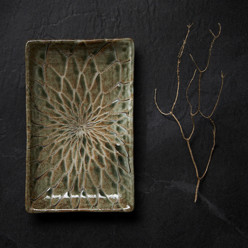 Premium Sushi Plate with Forest Green Net Design - 22 x 13cm