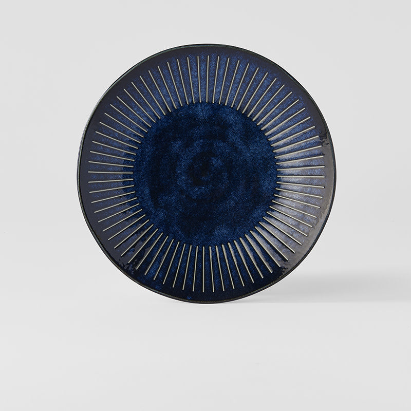 Premium 23cm Ridged Indigo Blue Glaze Ceramic Dinner Plate Dishwasher Microwave Safe