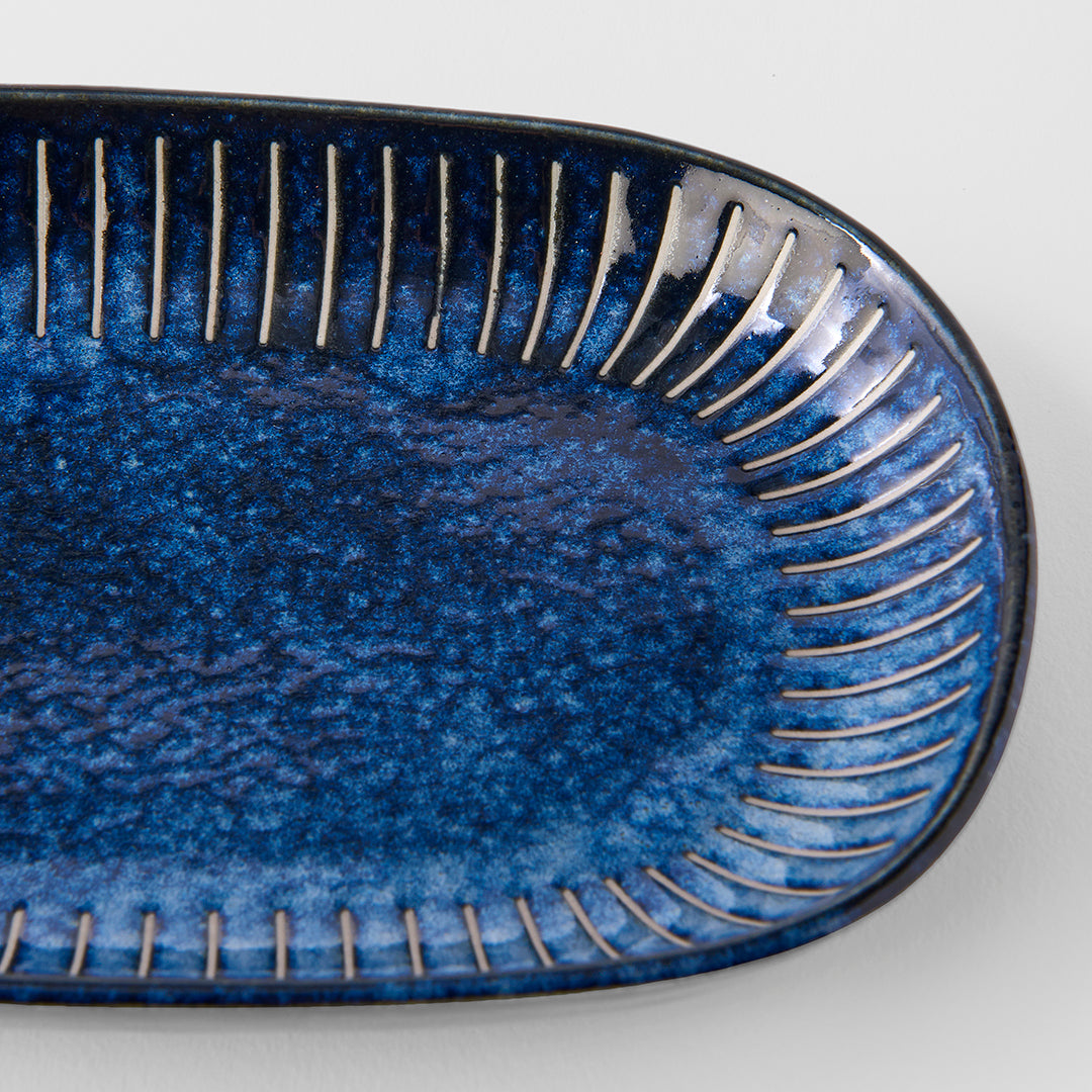 Premium Ceramic Oval Plate – Blue Ridged Indigo Glaze 19 x 13cm