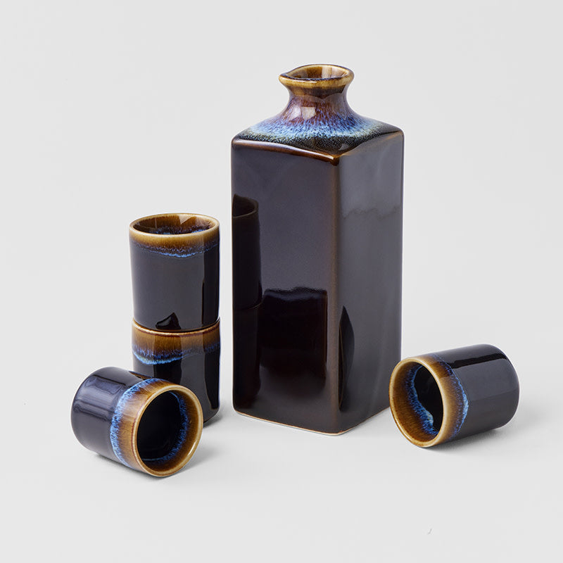 Premium 5pcs Tenmokku Bright Blue Glaze Ceramic Sake Set Dishwasher Safe