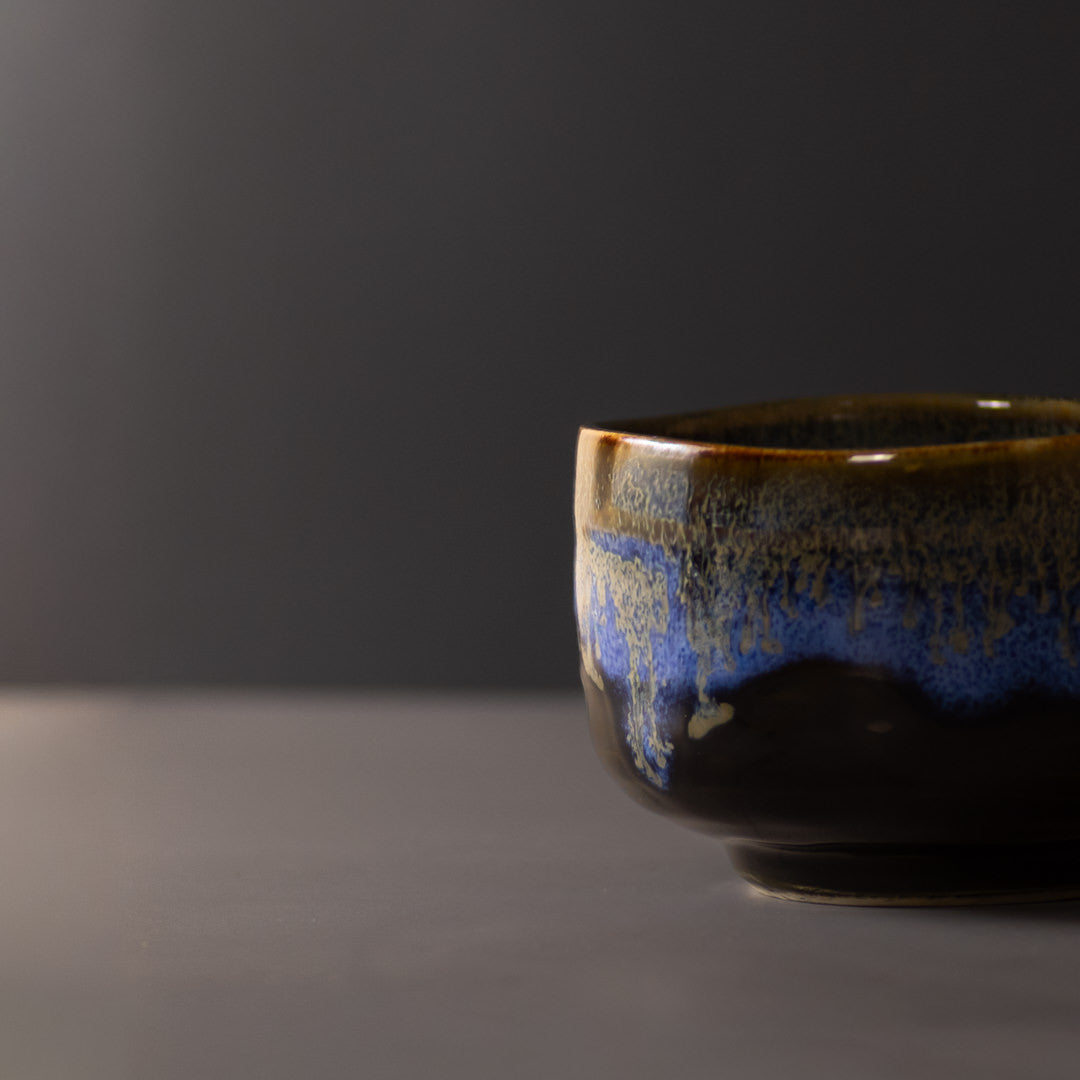 Premium 11.5cm Blue Drip on Black Matcha Tea Bowl 400ml Dishwasher Microwave Safe