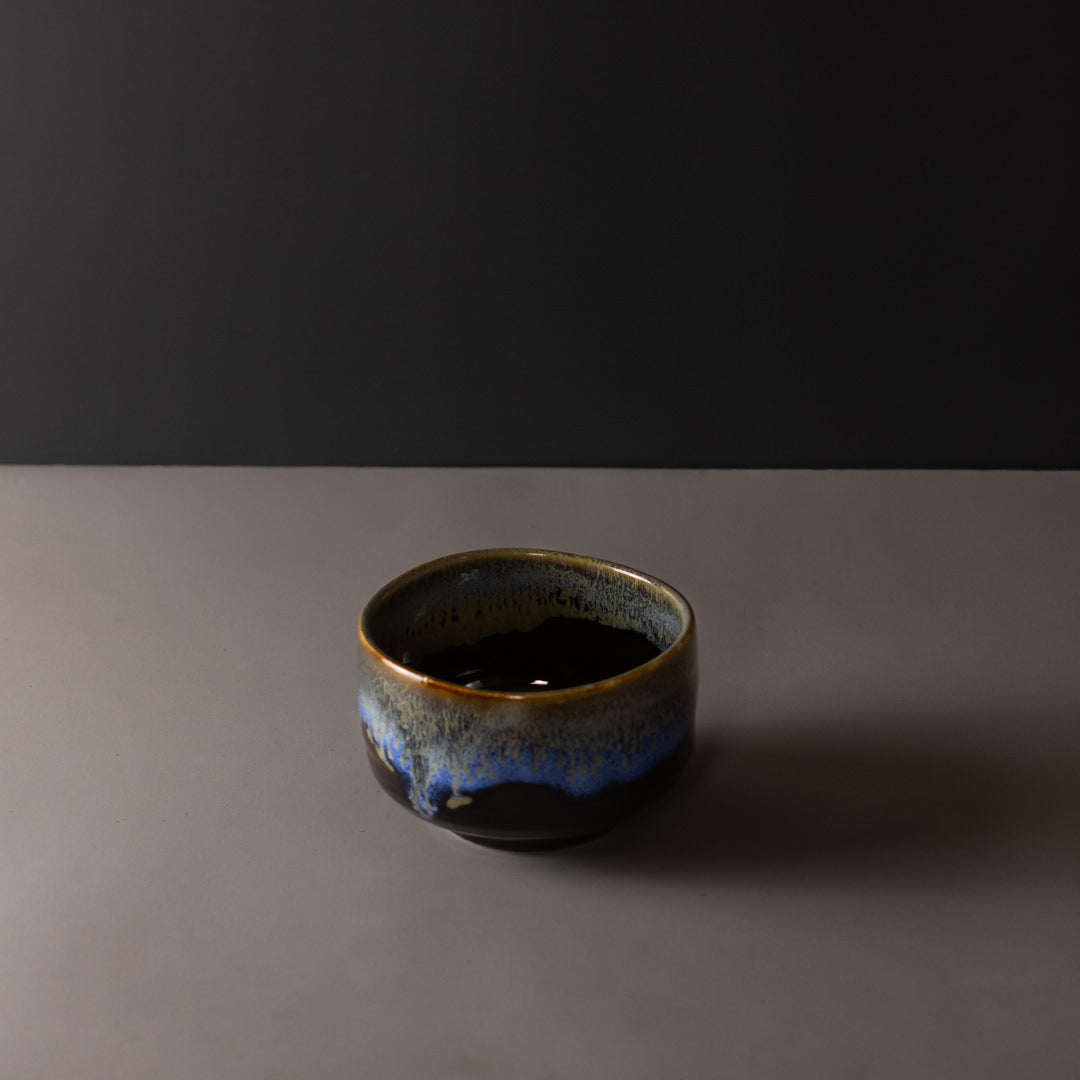 Premium 11.5cm Blue Drip on Black Matcha Tea Bowl 400ml Dishwasher Microwave Safe