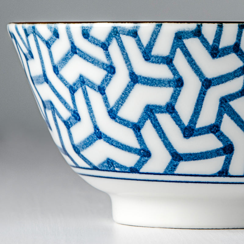 Premium Ceramic Bowl – Blue Indigo Ikat Herringbone Design 13cm, 300ml