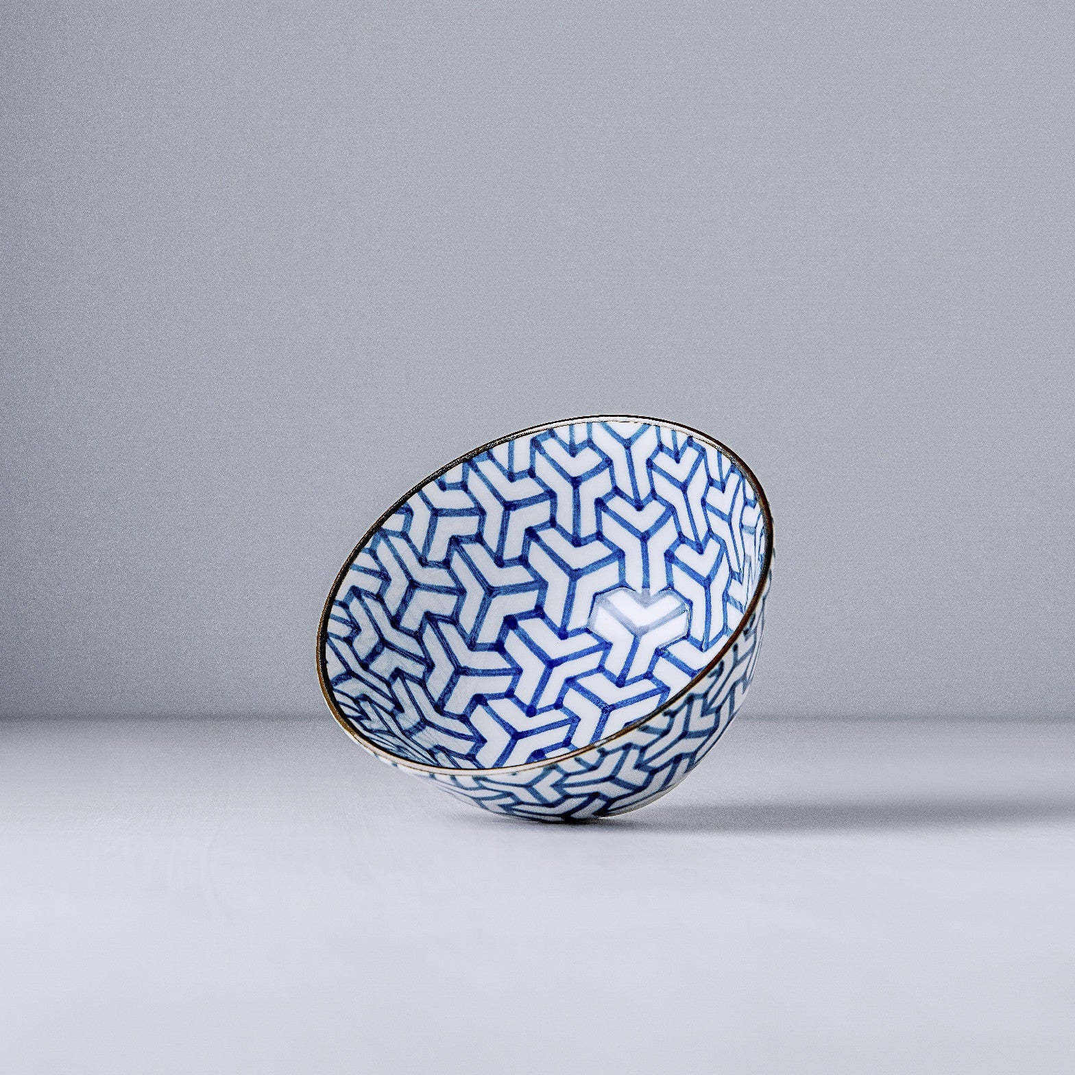 Premium Ceramic Bowl – Blue Indigo Ikat Herringbone Design 13cm, 300ml
