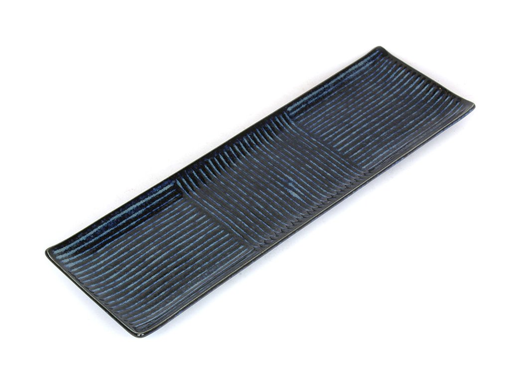 Premium Rectangular Plate – Dark Blue Line Glaze 33 x 10cm