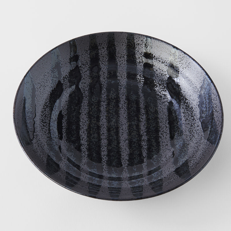 Premium Flat Pasta Bowl – Gloss Black Stripes 23cm, 500ml
