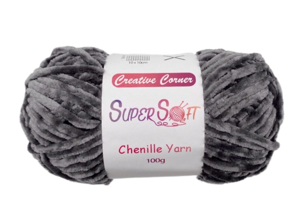 Dark Grey Super Soft Chenille Yarn 100G - 12 Pack, 100% Acrylic, 1 kg - SuperSaverAU - view 1
