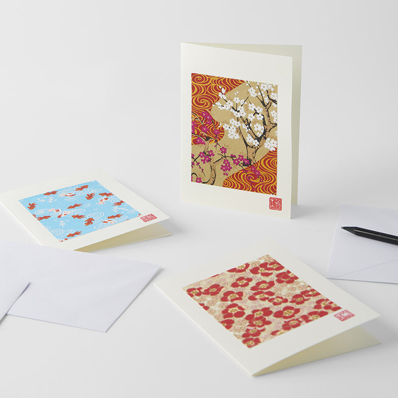Premium Handmade Chiyogami Blossom Gold Greeting Card White