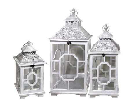 Antique Wooden Lantern Set 3 with Metal Roof - Large 76cm, White Wash - SuperSaverAU - view 1