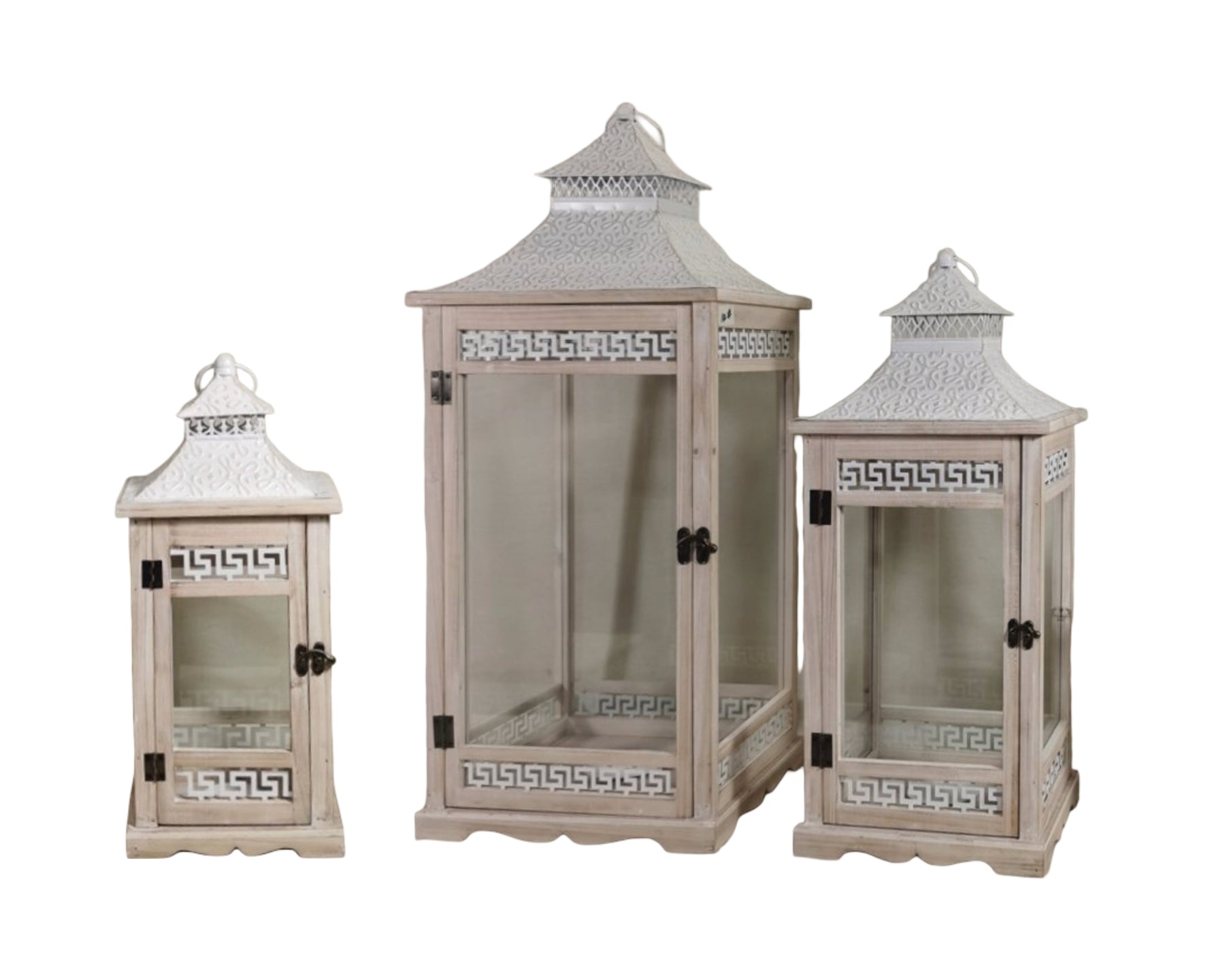 Premium Wooden Aegean Heritage Lanterns – Natural & White 77cm, Set of 3