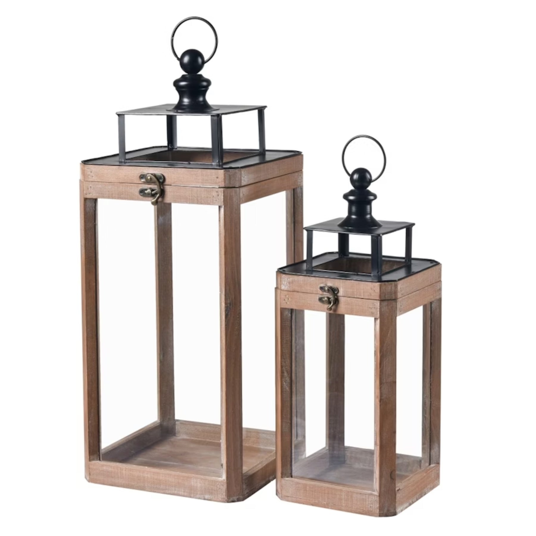 Premium Wooden Rustic Charm Lanterns – Natural & Black 49cm, Set of 2