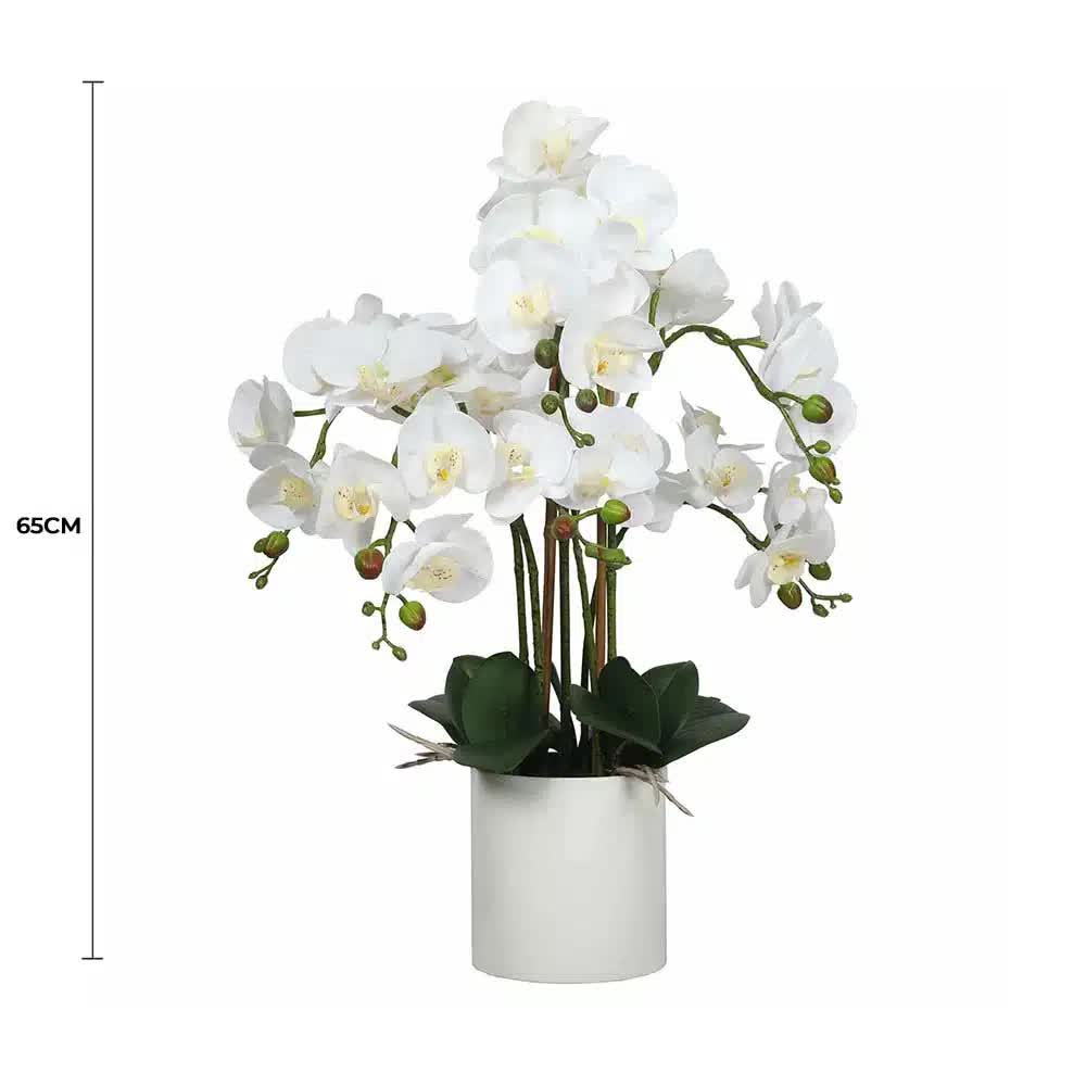 Large Flowering White Faux Potted Orchid 65cm - Lifelike, Low Maintenance, Modern Pot - SuperSaverAU - view 2