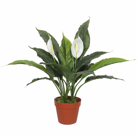 Artificial Spathiphyllum Peace Lily Plant 60cm with White Flowers in Orange Pot - SuperSaverAU - view 1