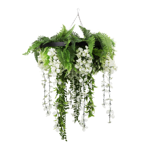 Black Framed 60cm Faux Flowering Hanging Disc with UV Resistant Wisteria Flowers - SuperSaverAU - view 1