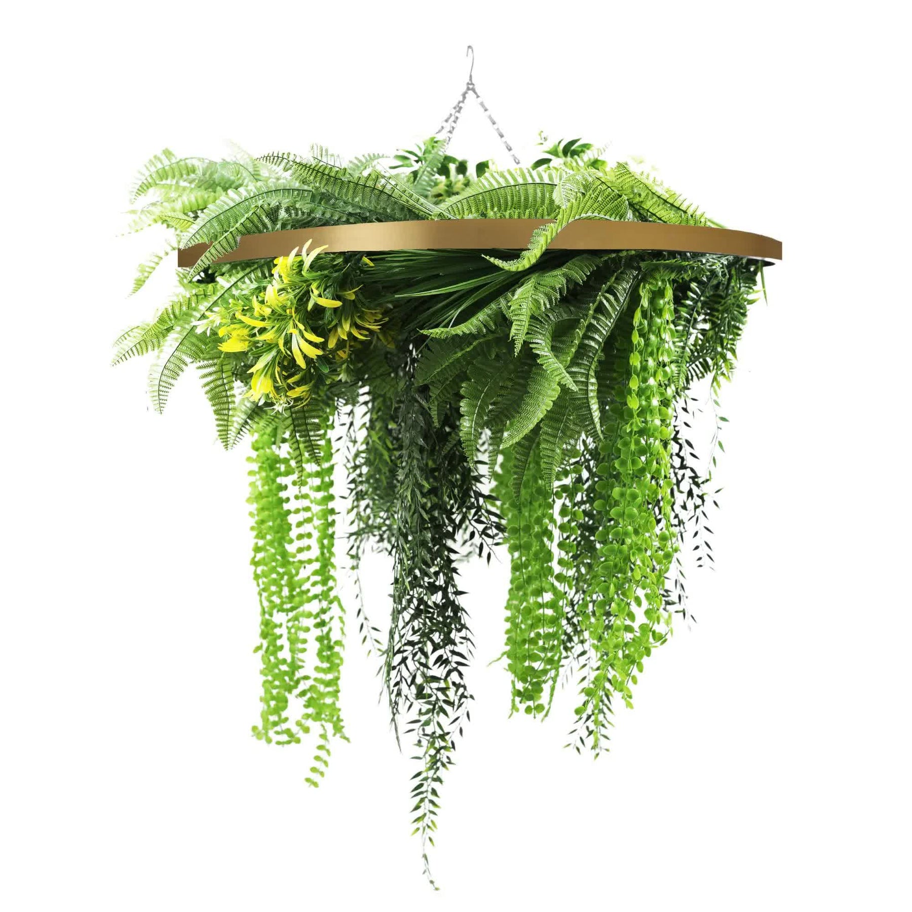 80cm Gold Framed Hanging Disc with UV-Resistant Ferns and Tropical Leaves - SuperSaverAU - view 1