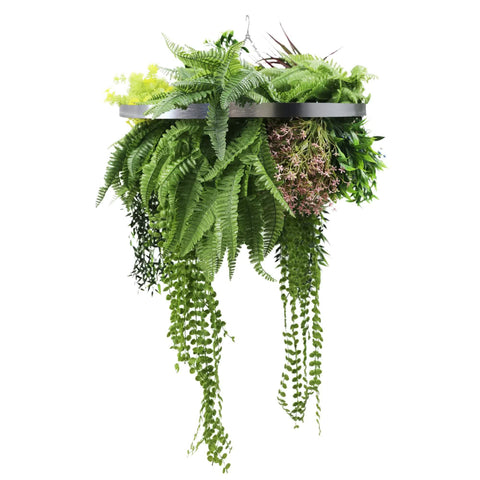 Silver Framed Hanging Disc 60cm | UV-Resistant Tropical Foliage with Draping Stems - SuperSaverAU - view 1