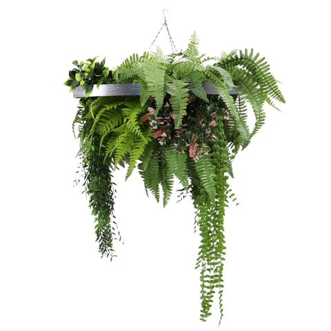 Silver Framed Roof Hanging Disc 60cm - UV Resistant with Life-Like Ferns & Pink Accents - SuperSaverAU - view 1
