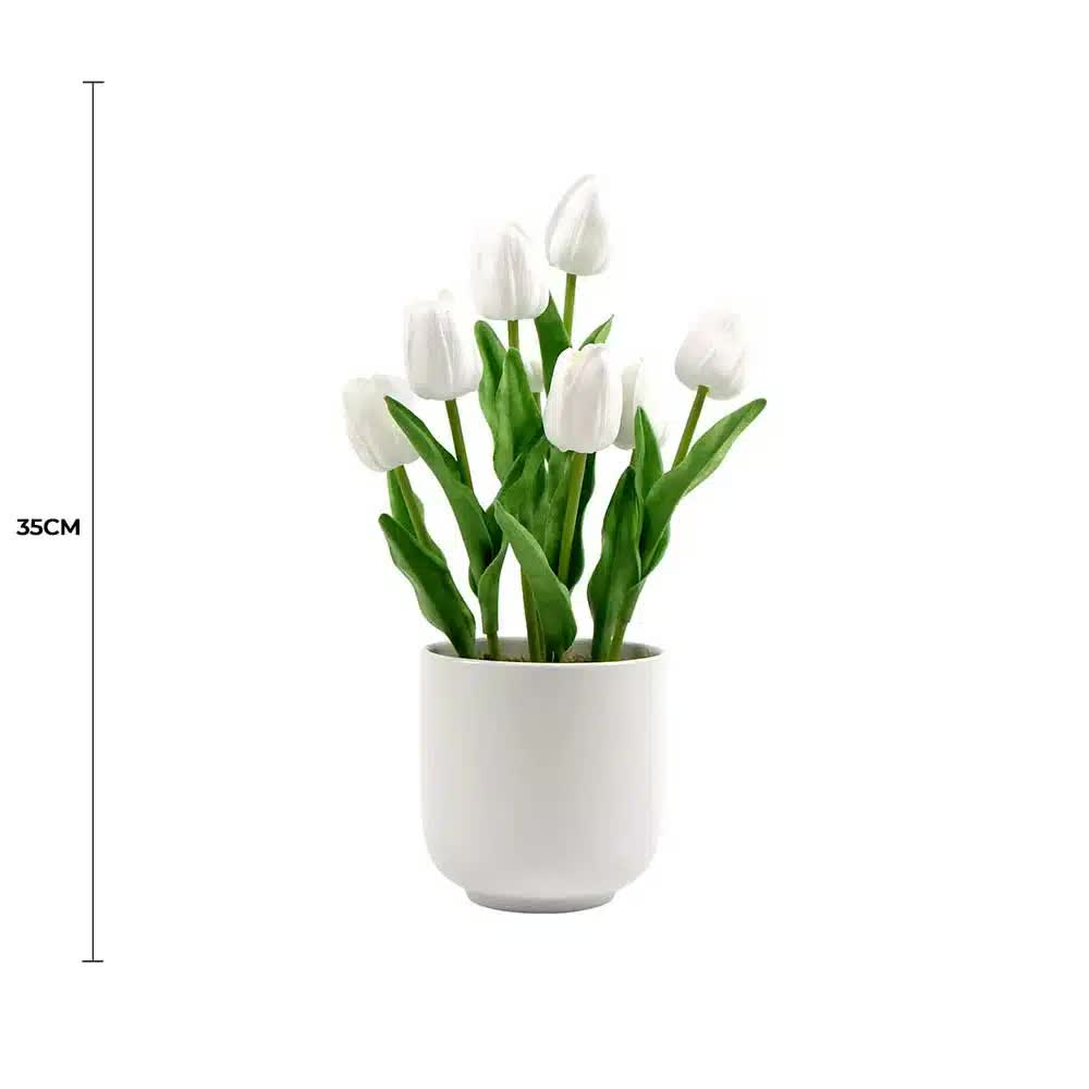 Artificial Flowering White Tulip Arrangement 35cm in Ceramic Bowl - Indoor Use - SuperSaverAU - view 2