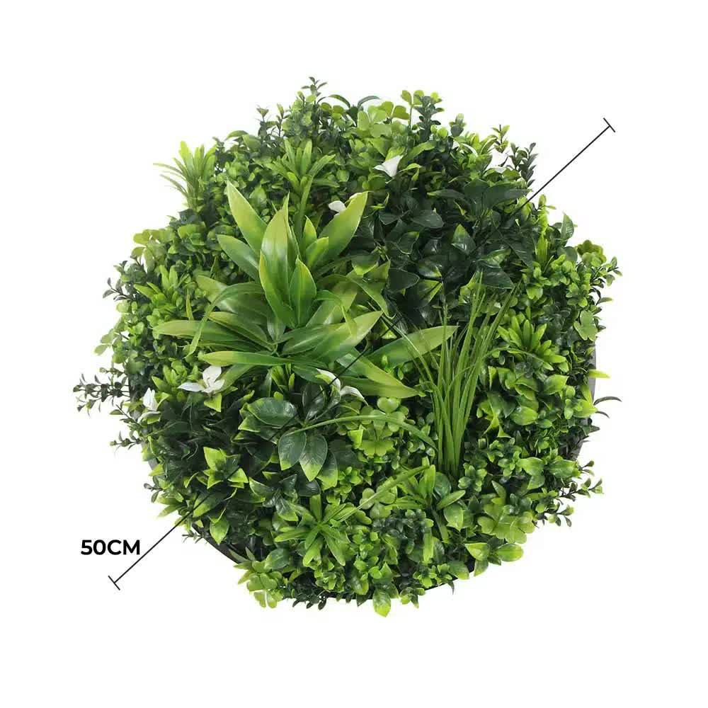 Flowering White Artificial Green Wall Disc 50cm UV Resistant Black Frame - SuperSaverAU - view 1