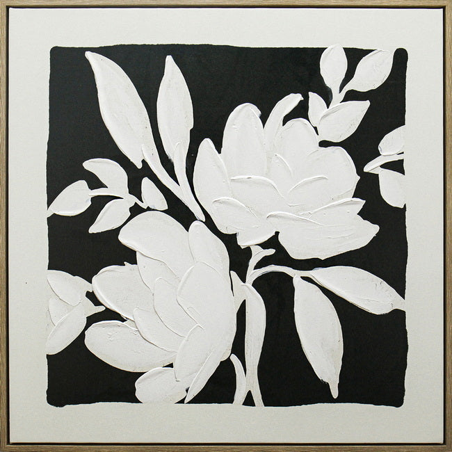 Premium Black & White Blooms Framed Artwork – Natural Wooden Frame 80 x 80cm