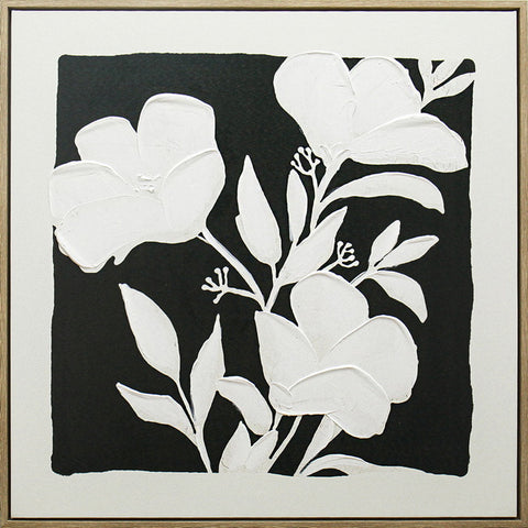Premium Black & White Blooms A Framed Artwork – Natural Wooden Frame 80 x 80cm