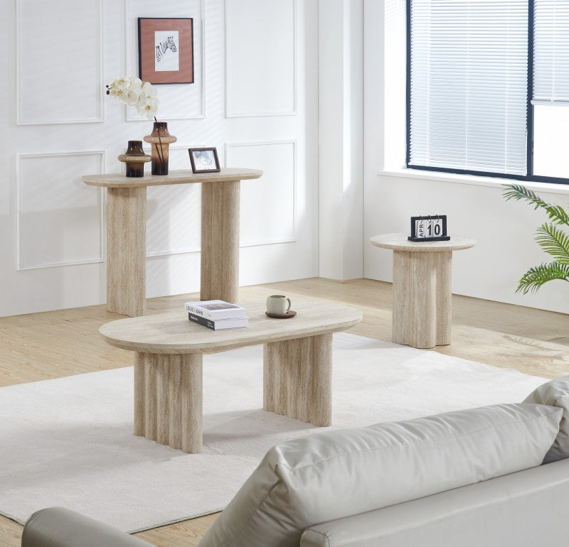 Signorina 50cm Travertine Look Round Side Table Modern MDF Timber Accent Table