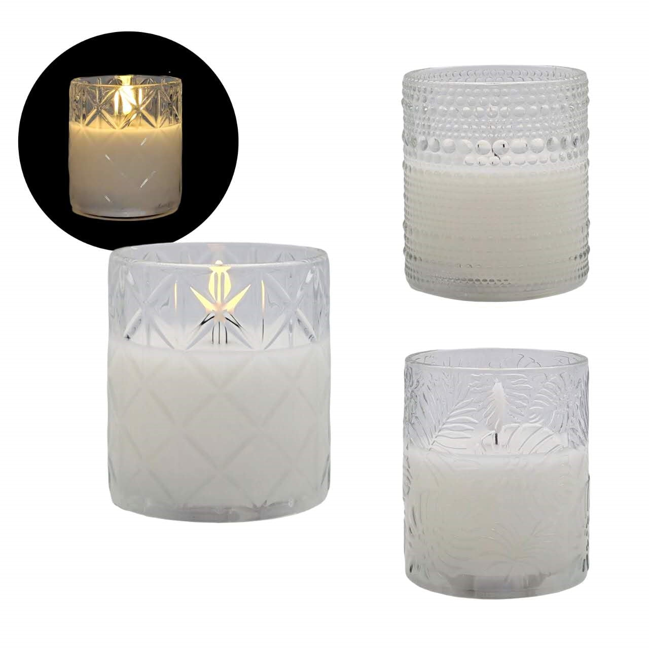 Patterned Glass Jar LED Candle Assort - 12 Pack, 10cm, Clear, Relaxing Glow - SuperSaverAU - view 1