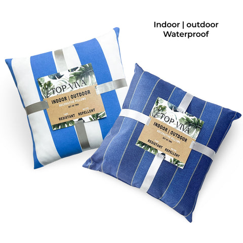 Blue Stripe Cushion Set 2 Indoor Outdoor Chair Pad 45cm - Polyester, PU Coat - SuperSaverAU - view 1
